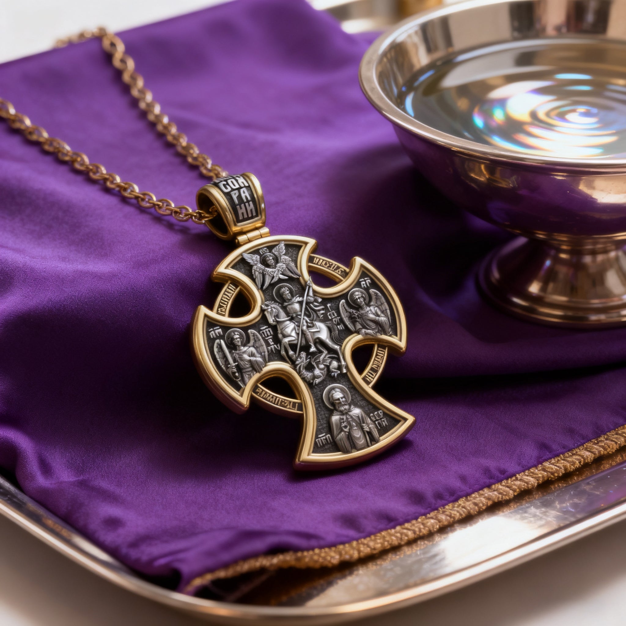 Double-sided S925k silver pendant depicting the Passion of Christ and St. George slaying the dragon.