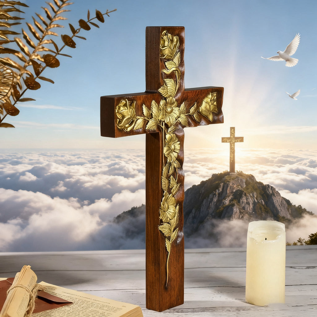 Hand-Carved Rose Cross Wall Art ✝️🌹 | Solid Beechwood Christian Decor with Golden Flowers