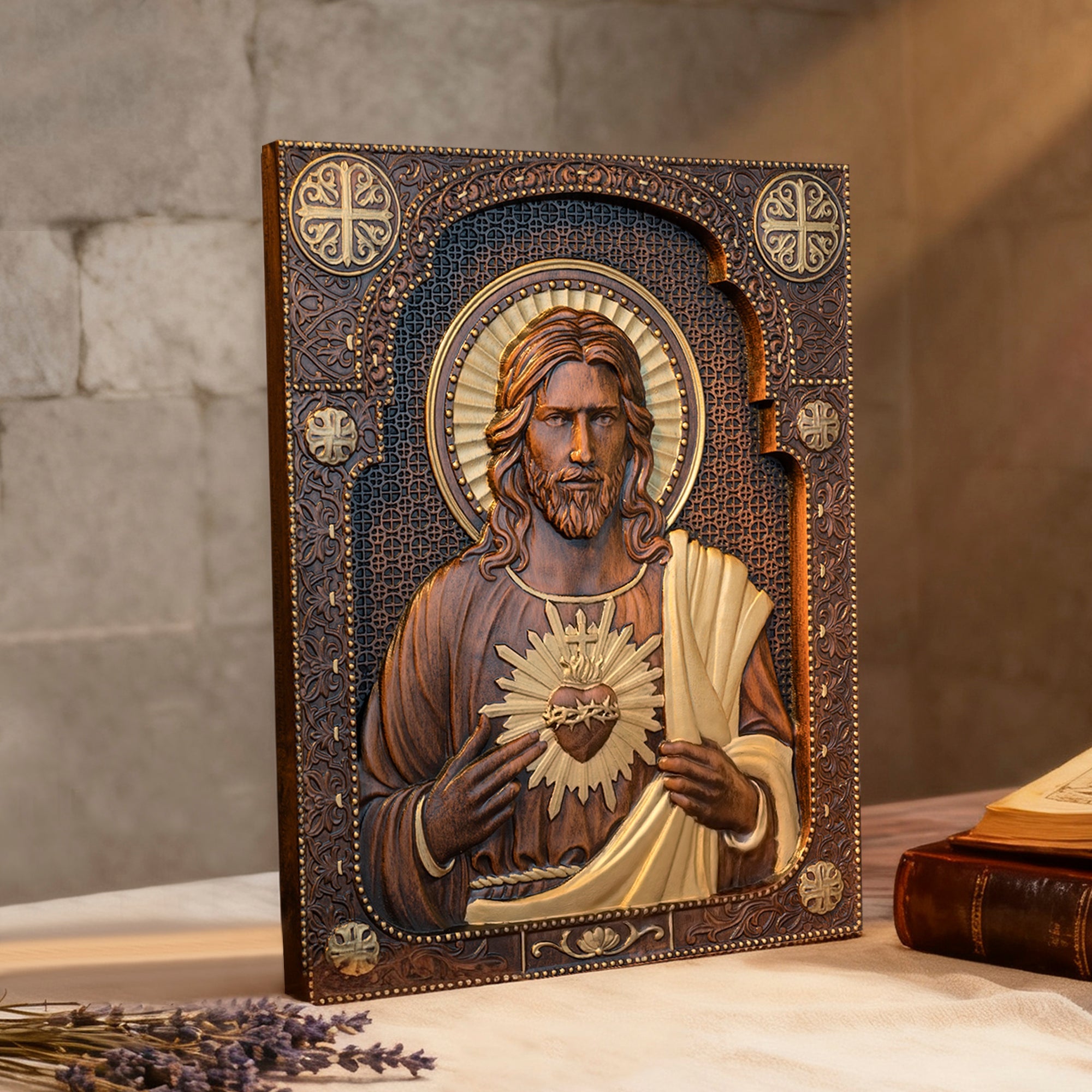 Our Lord Jesus Sacred Heart Wood Carving - Christian Catholic Personalized Carving Gift