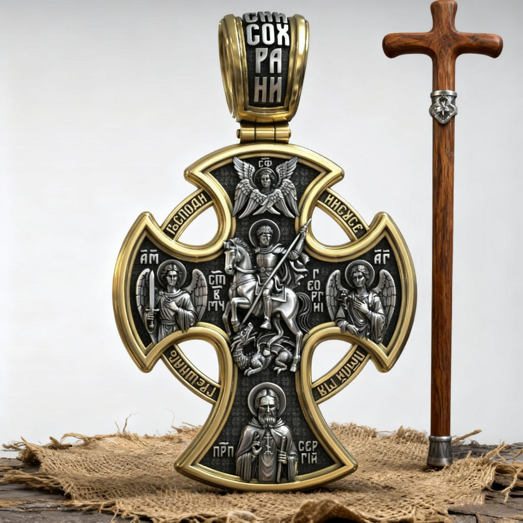 Double-sided S925k silver pendant depicting the Passion of Christ and St. George slaying the dragon.