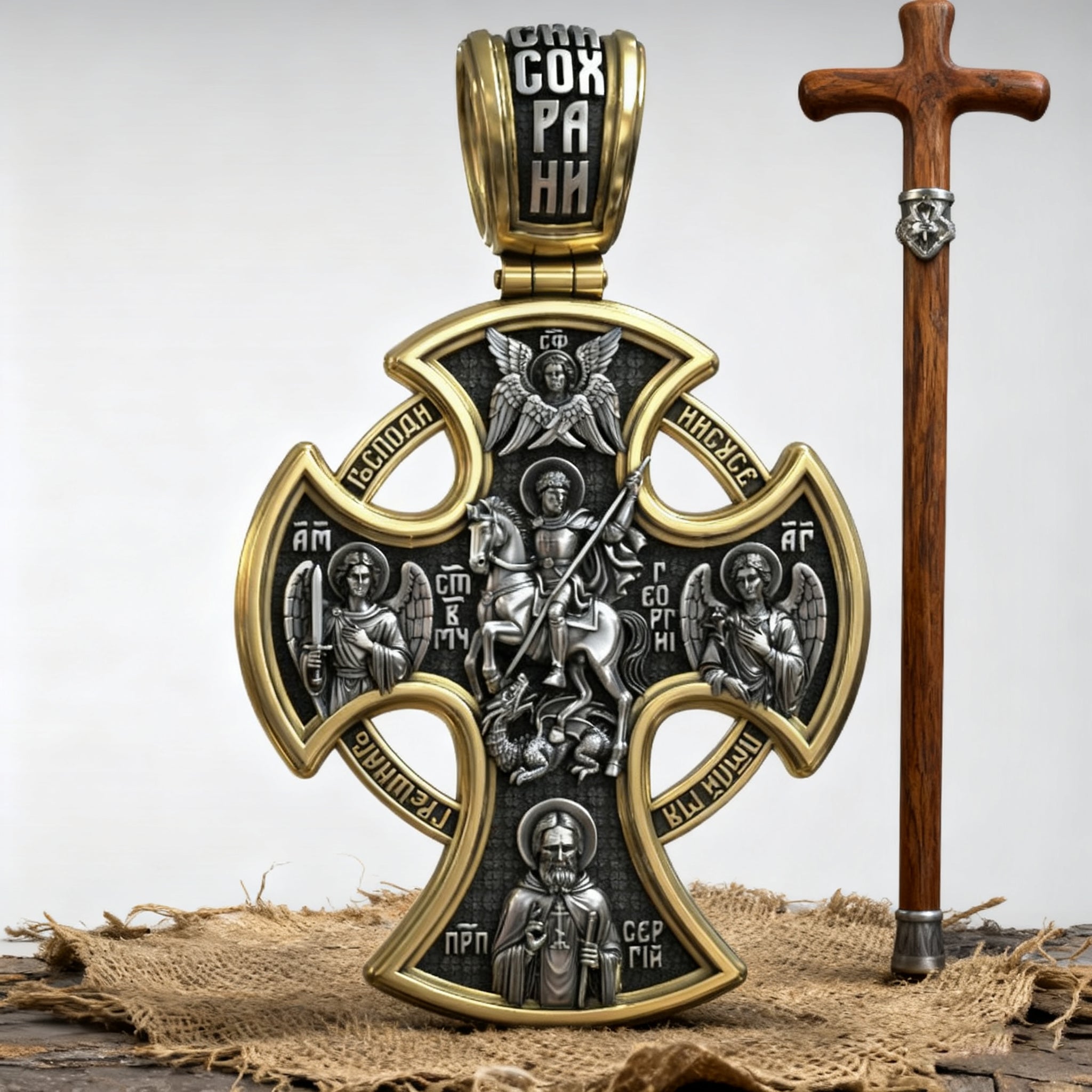 Double-sided S925k silver pendant depicting the Passion of Christ and St. George slaying the dragon.