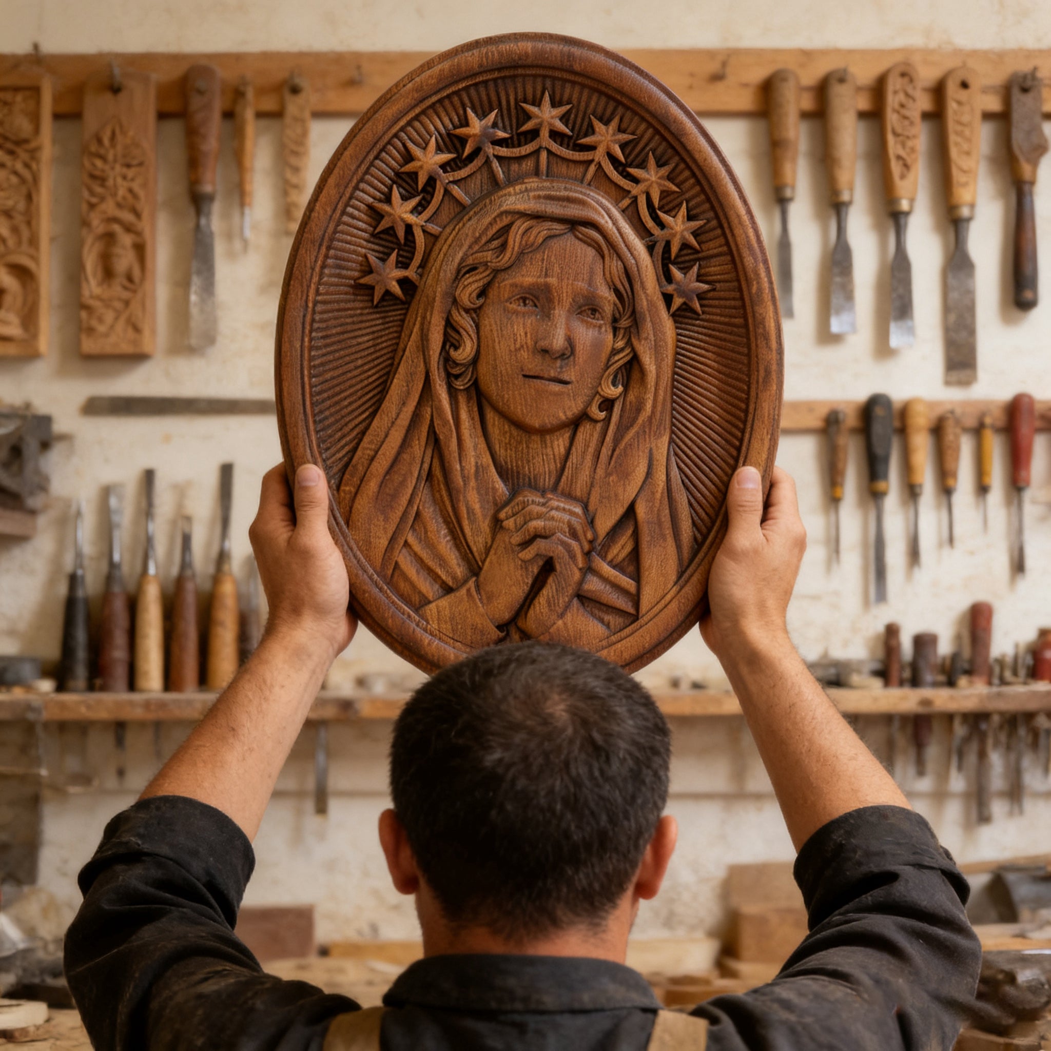Our Lady in Tears and Prayer with a Nine-Star Halo — Hand-Carved Beechwood Statue