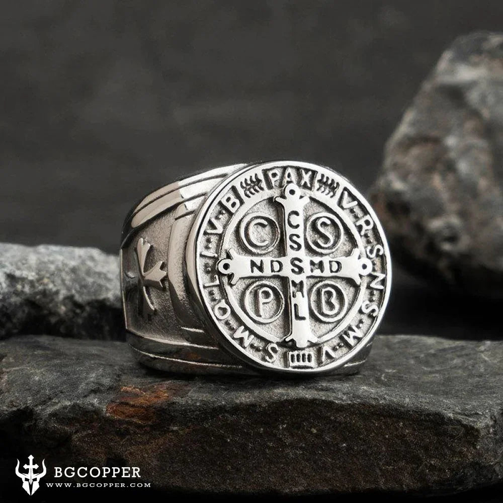 Saint Benedict Stainless Steel Cross Ring