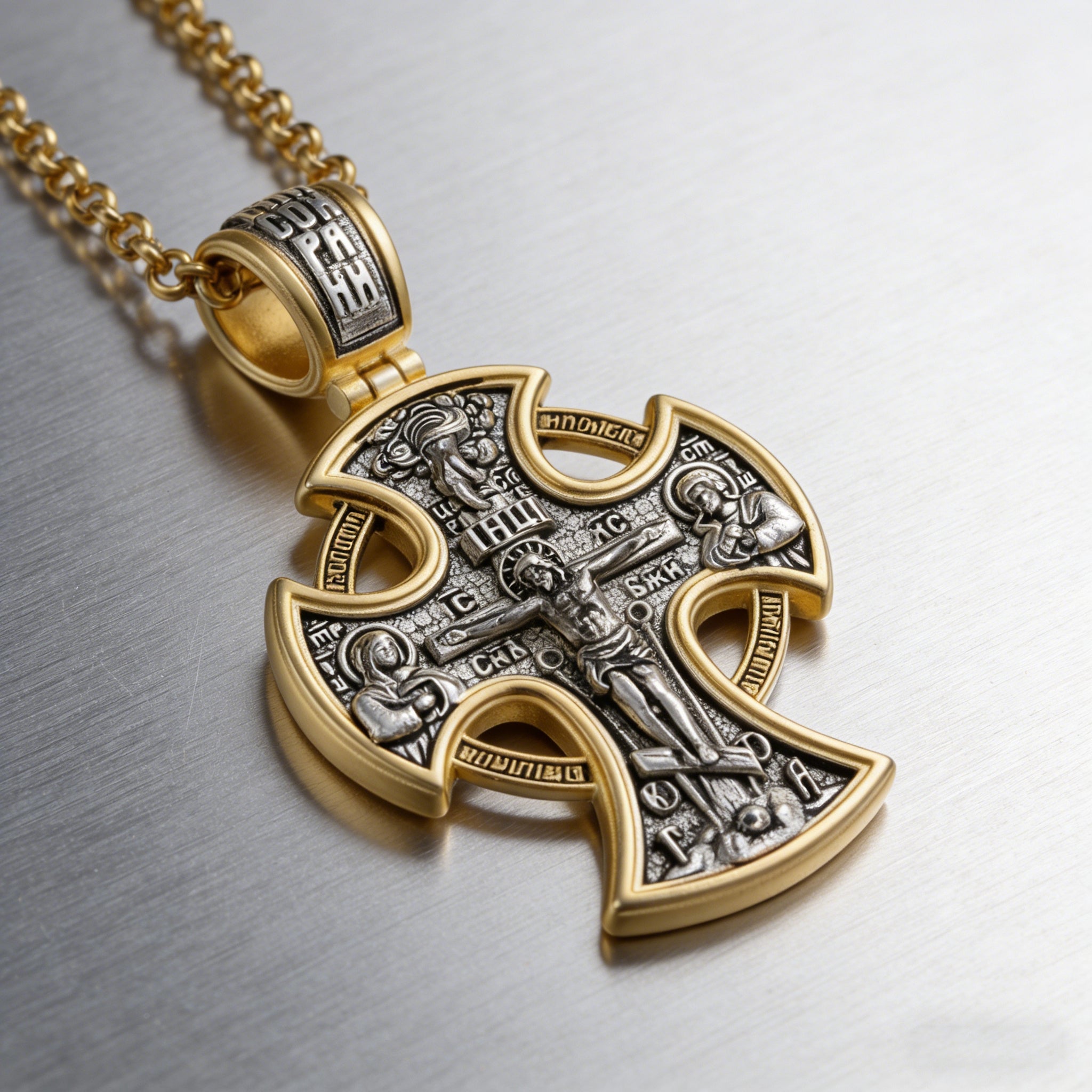 Double-sided S925k silver pendant depicting the Passion of Christ and St. George slaying the dragon.