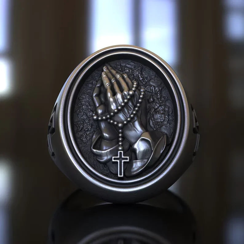 925K Sterling Silver Praying Hands Ring - Christian Symbol of Faith and Devotion