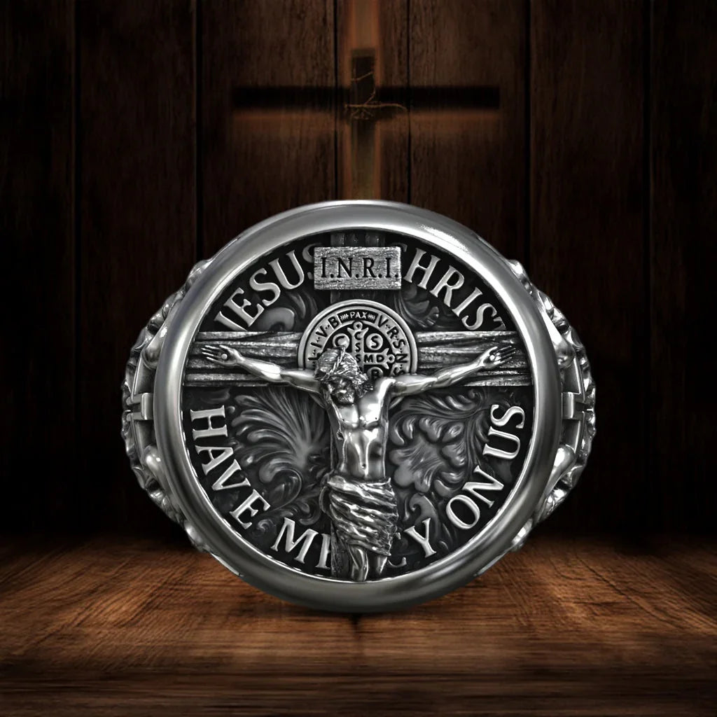 S925K Silver Jesus Crucifixion St. Benedict Medal Ring