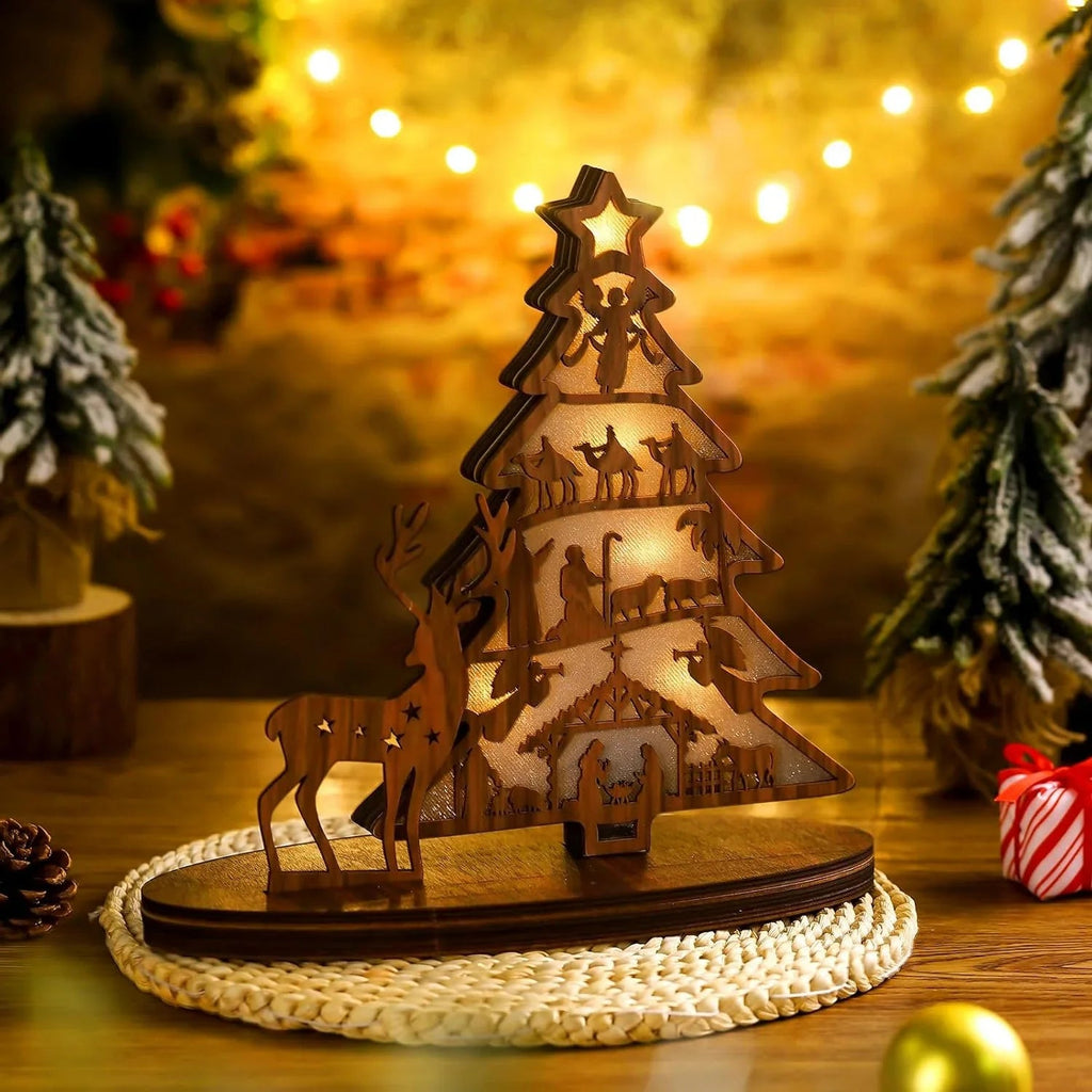 Illuminated Christmas Tree Nativity Scene Ornament with Reindeer