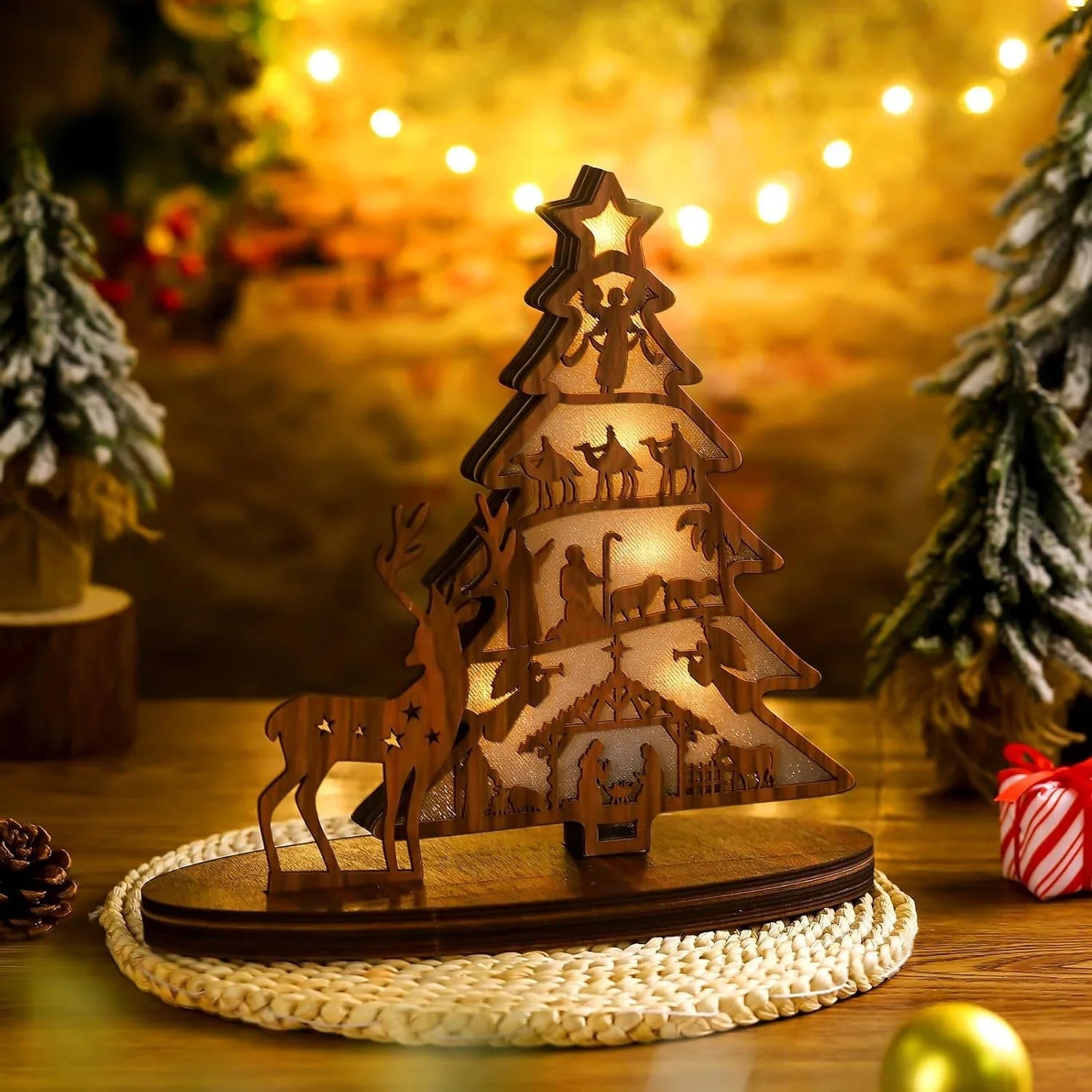 Illuminated Christmas Tree Nativity Scene Ornament with Reindeer