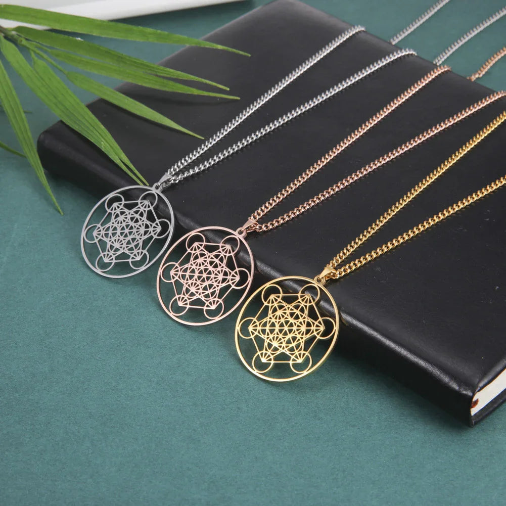 Stainless Steel Metatron's Cube Necklace Pendant Sacred Geometry Amulet Jewelry
