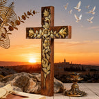 Hand-Carved Rose Cross Wall Art ✝️🌹 | Solid Beechwood Christian Decor with Golden Flowers