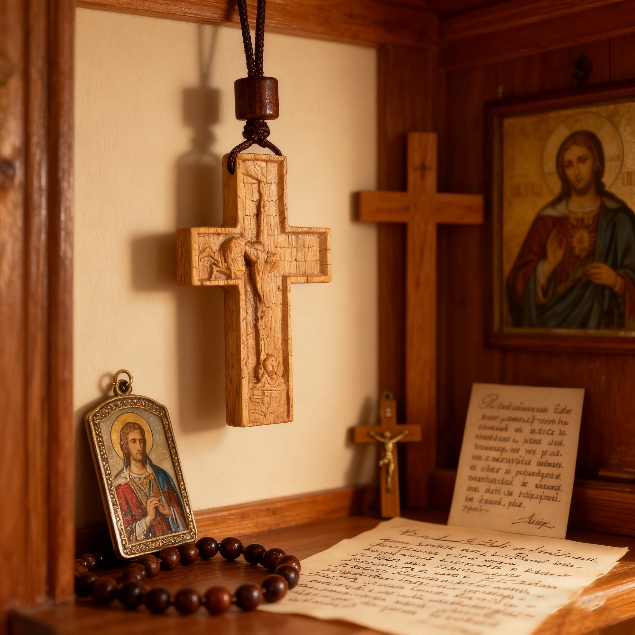 Wooden Savior Cross Necklace