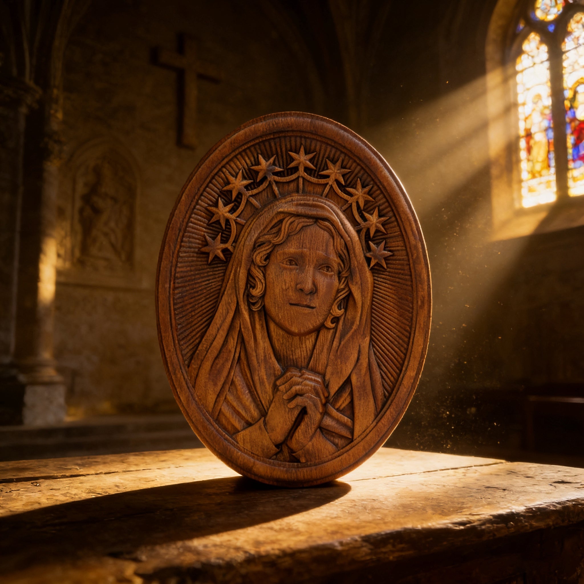 Our Lady in Tears and Prayer with a Nine-Star Halo — Hand-Carved Beechwood Statue