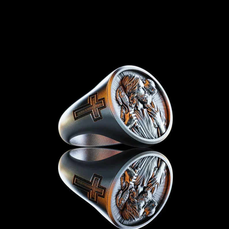 Steel and Titanium Jesus Shepherd Ring