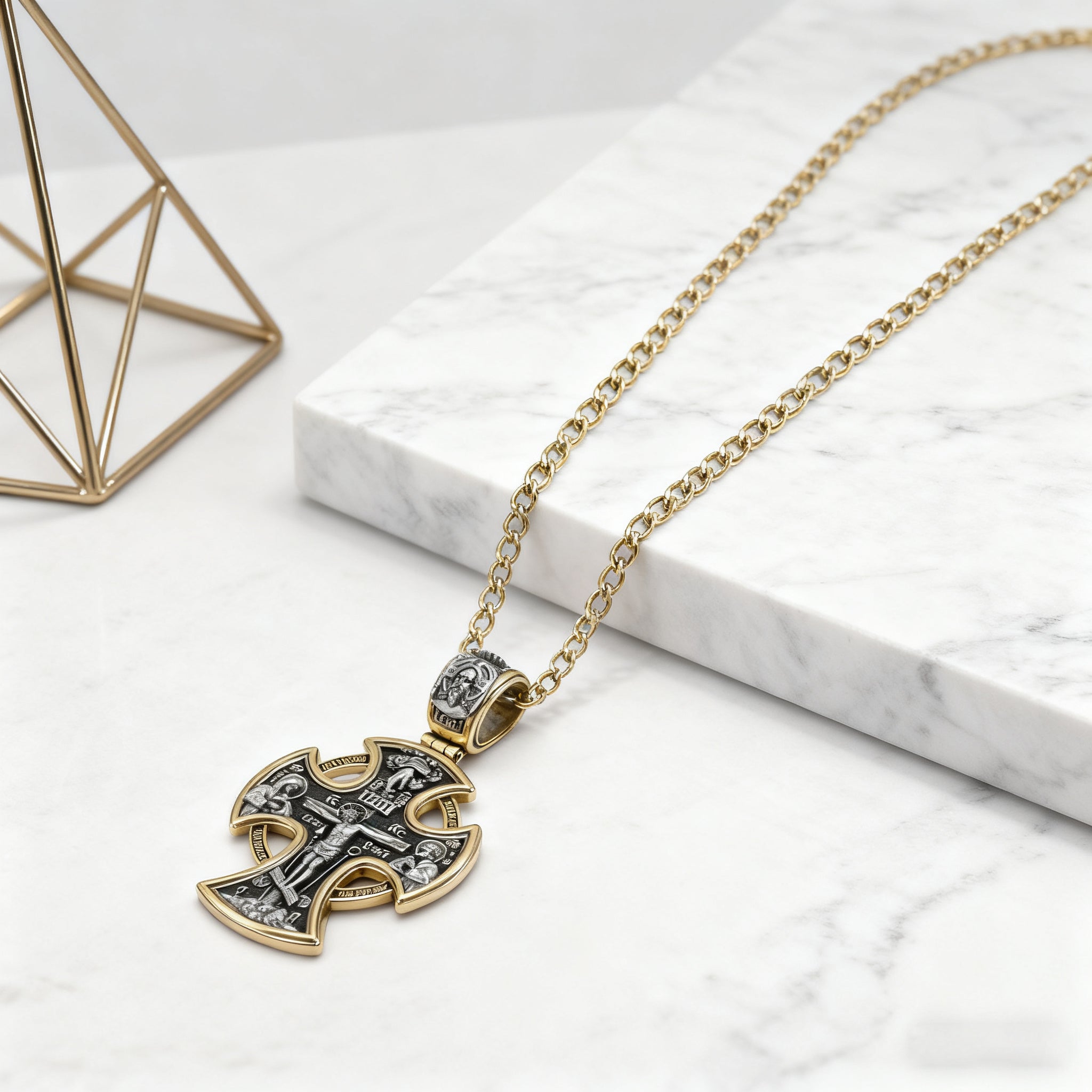 Double-sided S925k silver pendant depicting the Passion of Christ and St. George slaying the dragon.