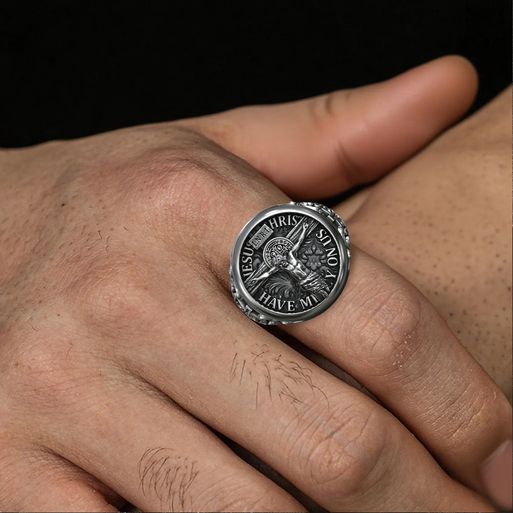 S925K Silver Jesus Crucifixion St. Benedict Medal Ring