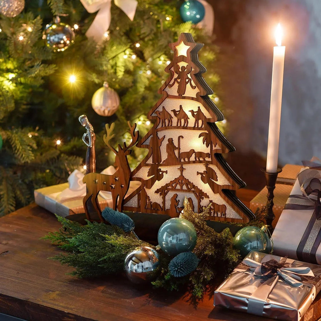 Illuminated Christmas Tree Nativity Scene Ornament with Reindeer