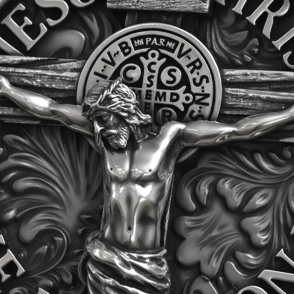 S925K Silver Jesus Crucifixion St. Benedict Medal Ring