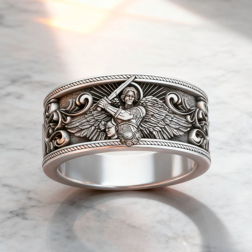 S925K Silver Archangel Michael Ring | Sacred Protection and Baroque Rococo Style Engravings