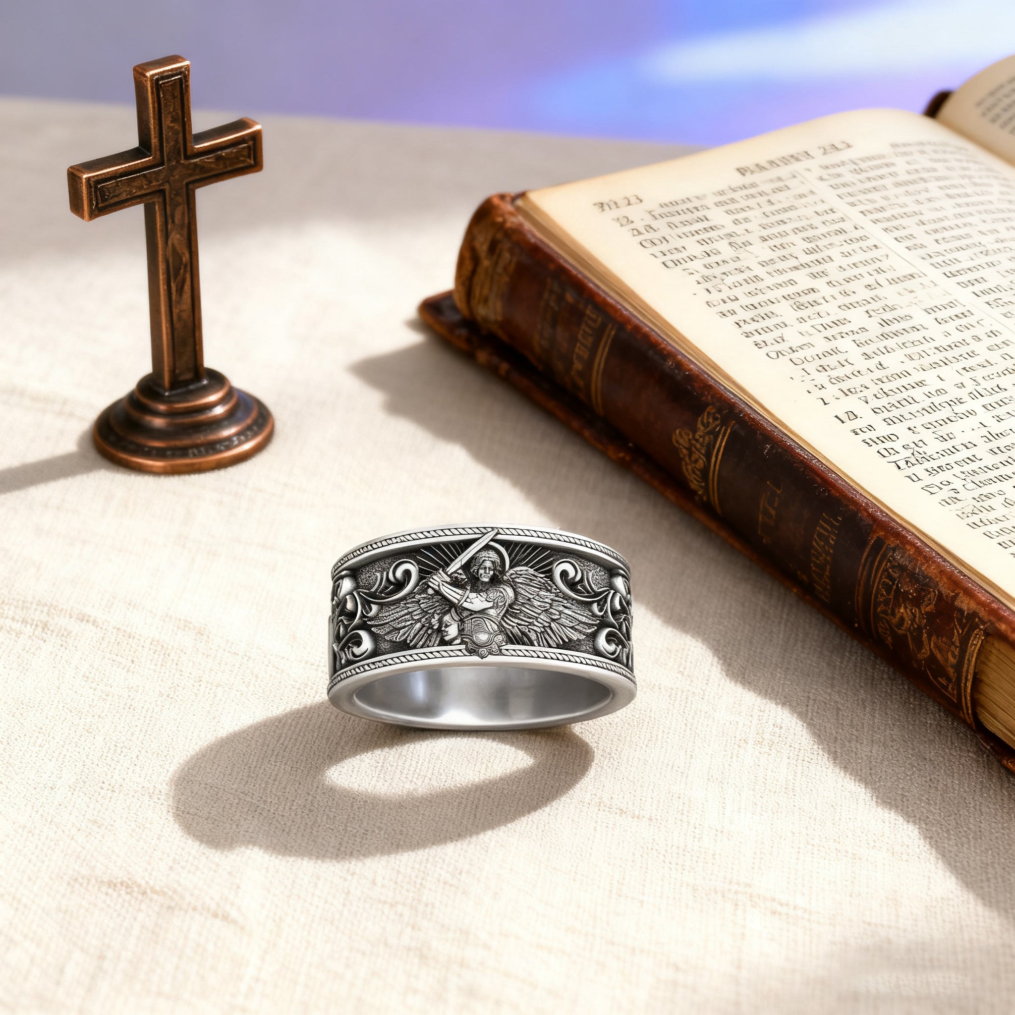 S925K Silver Archangel Michael Ring | Sacred Protection and Baroque Rococo Style Engravings
