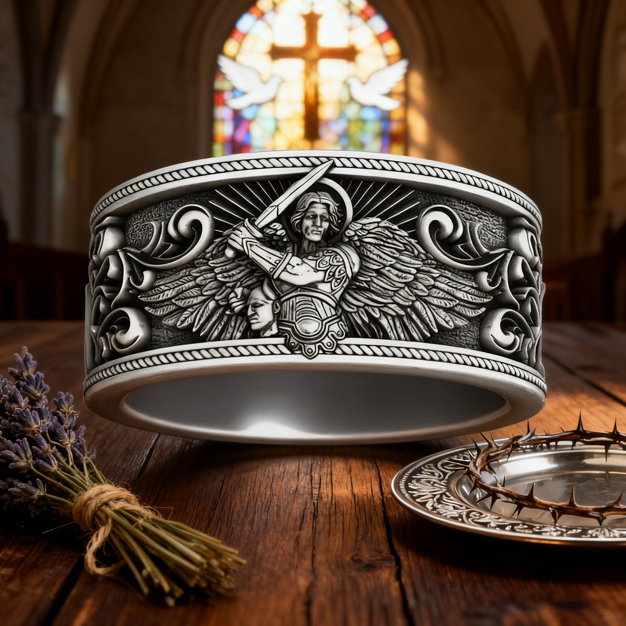 S925K Silver Archangel Michael Ring | Sacred Protection and Baroque Rococo Style Engravings
