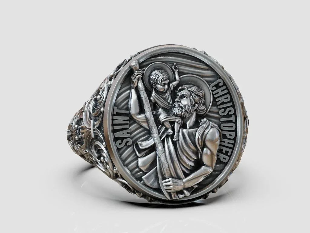 925K Sterling Silver St. Christopher and the Holy Child Jesus Sterling Silver Stamp Ring