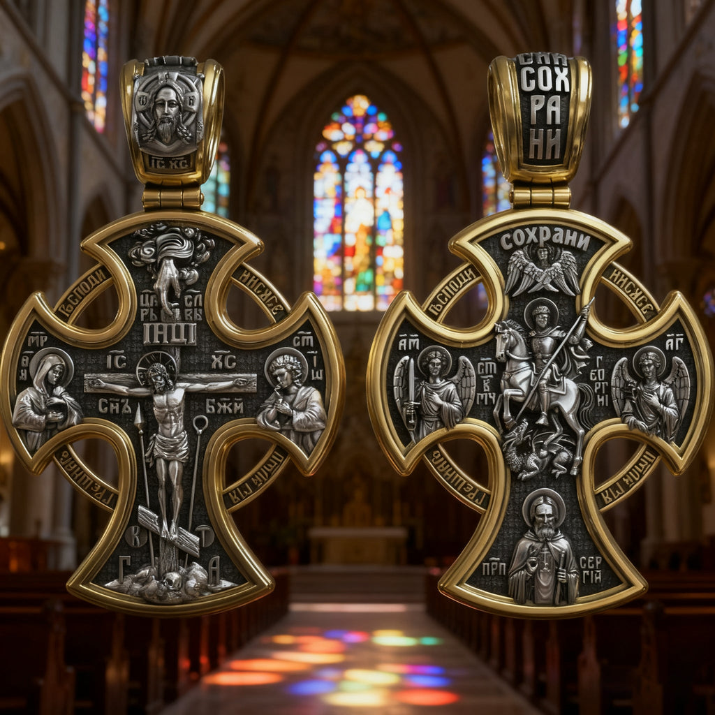 Double-sided S925k silver pendant depicting the Passion of Christ and St. George slaying the dragon.