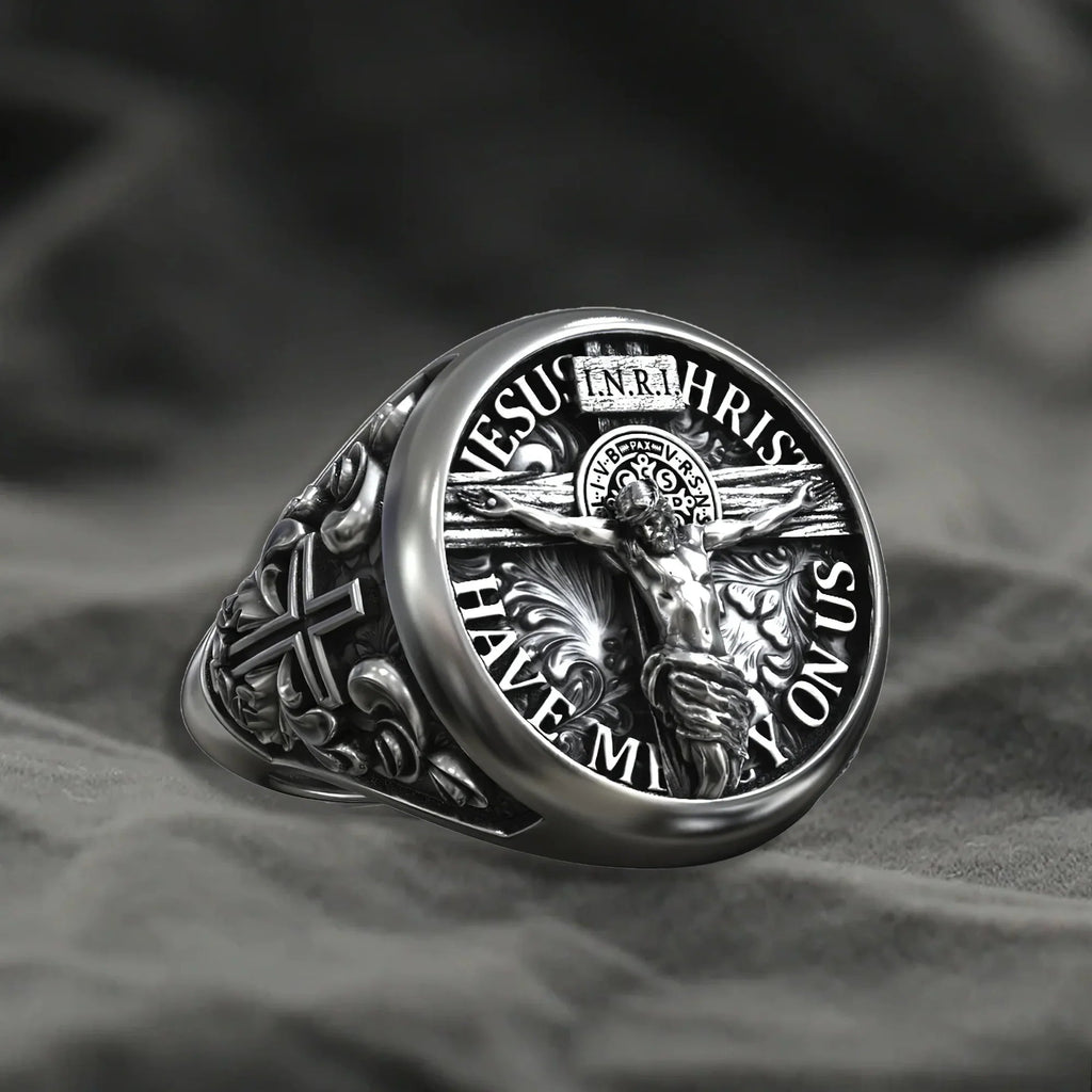 S925K Silver Jesus Crucifixion St. Benedict Medal Ring