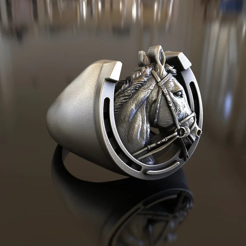 Lucky Horseshoe Horse Head Ring