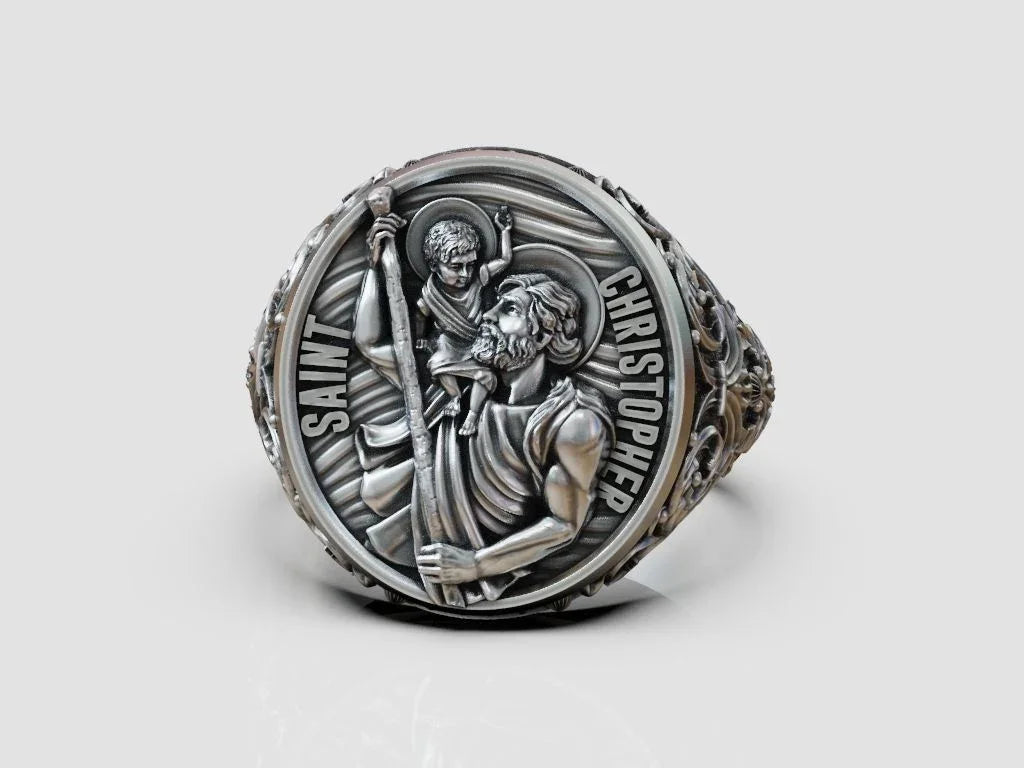 925K Sterling Silver St. Christopher and the Holy Child Jesus Sterling Silver Stamp Ring