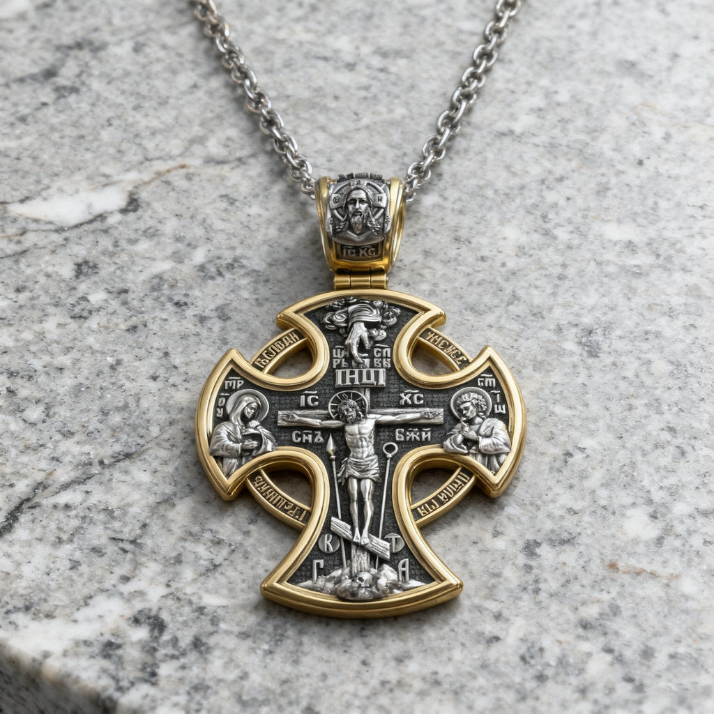 Double-sided S925k silver pendant depicting the Passion of Christ and St. George slaying the dragon.