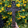 Hand-Carved Rose Cross Wall Art ✝️🌹 | Solid Beechwood Christian Decor with Golden Flowers