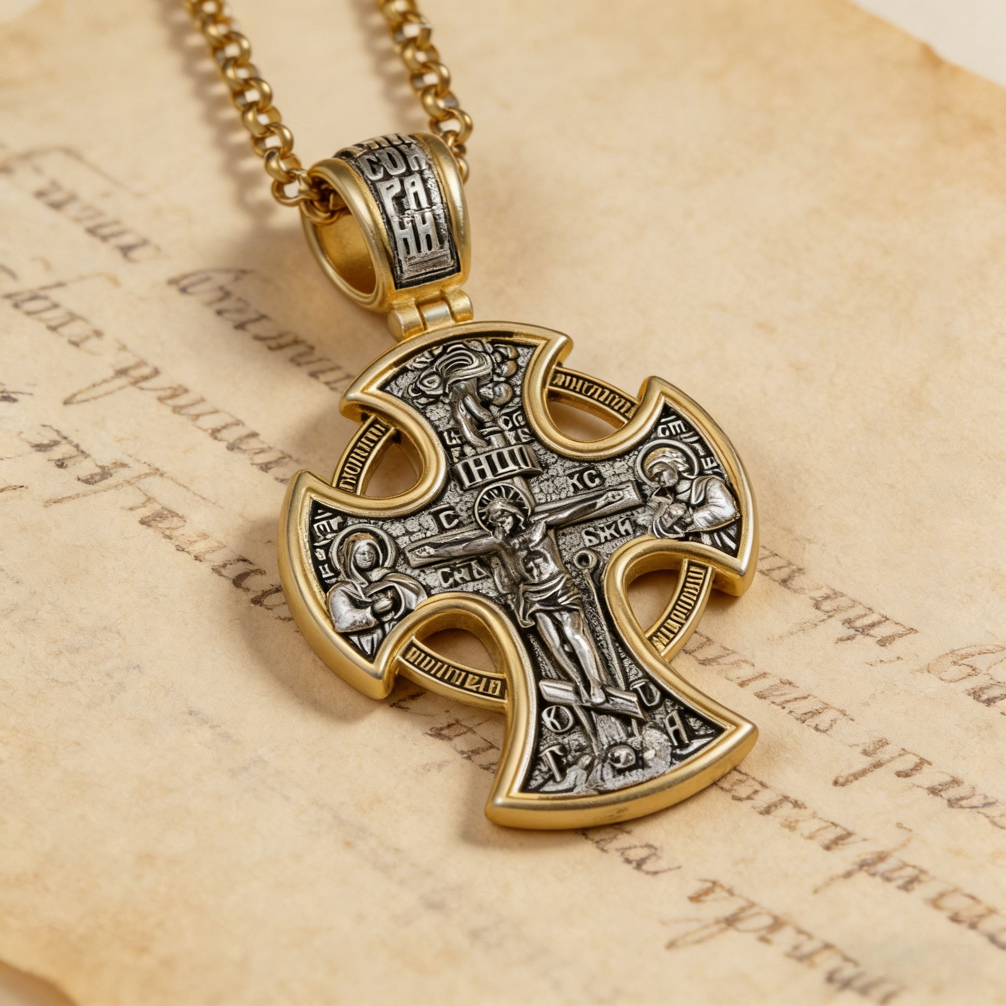 Double-sided S925k silver pendant depicting the Passion of Christ and St. George slaying the dragon.