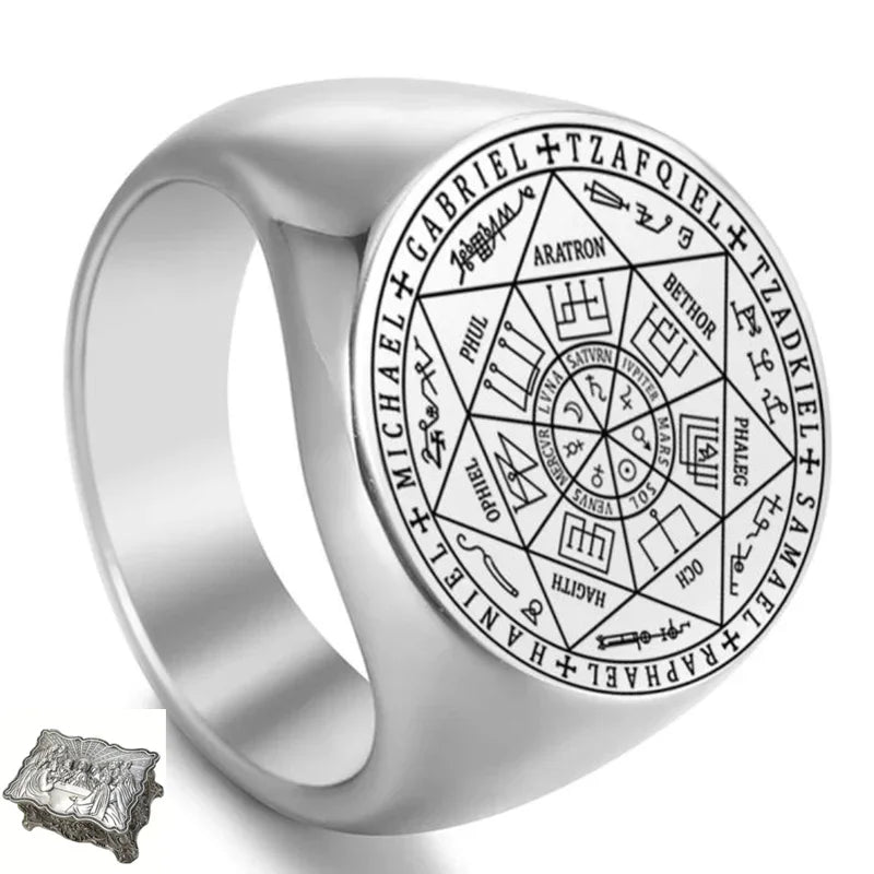 Vintage Titanium Seven Archangel Signet Ring - Amulet Against Evil Eyes, Curses, Spells
