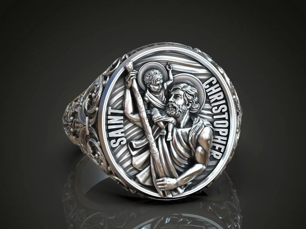 925K Sterling Silver St. Christopher and the Holy Child Jesus Sterling Silver Stamp Ring