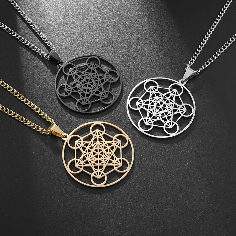 Stainless Steel Metatron's Cube Necklace Pendant Sacred Geometry Amulet Jewelry