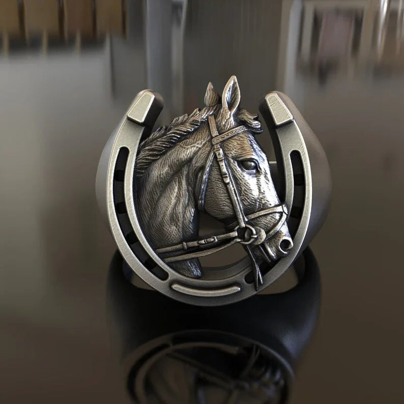 Lucky Horseshoe Horse Head Ring