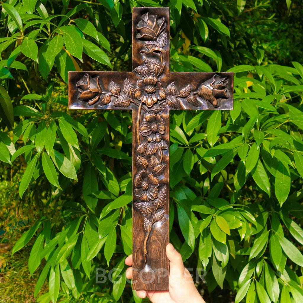 Hand-Carved Rose Cross Wall Art ✝️🌹 | Solid Beechwood Christian Decor with Golden Flowers