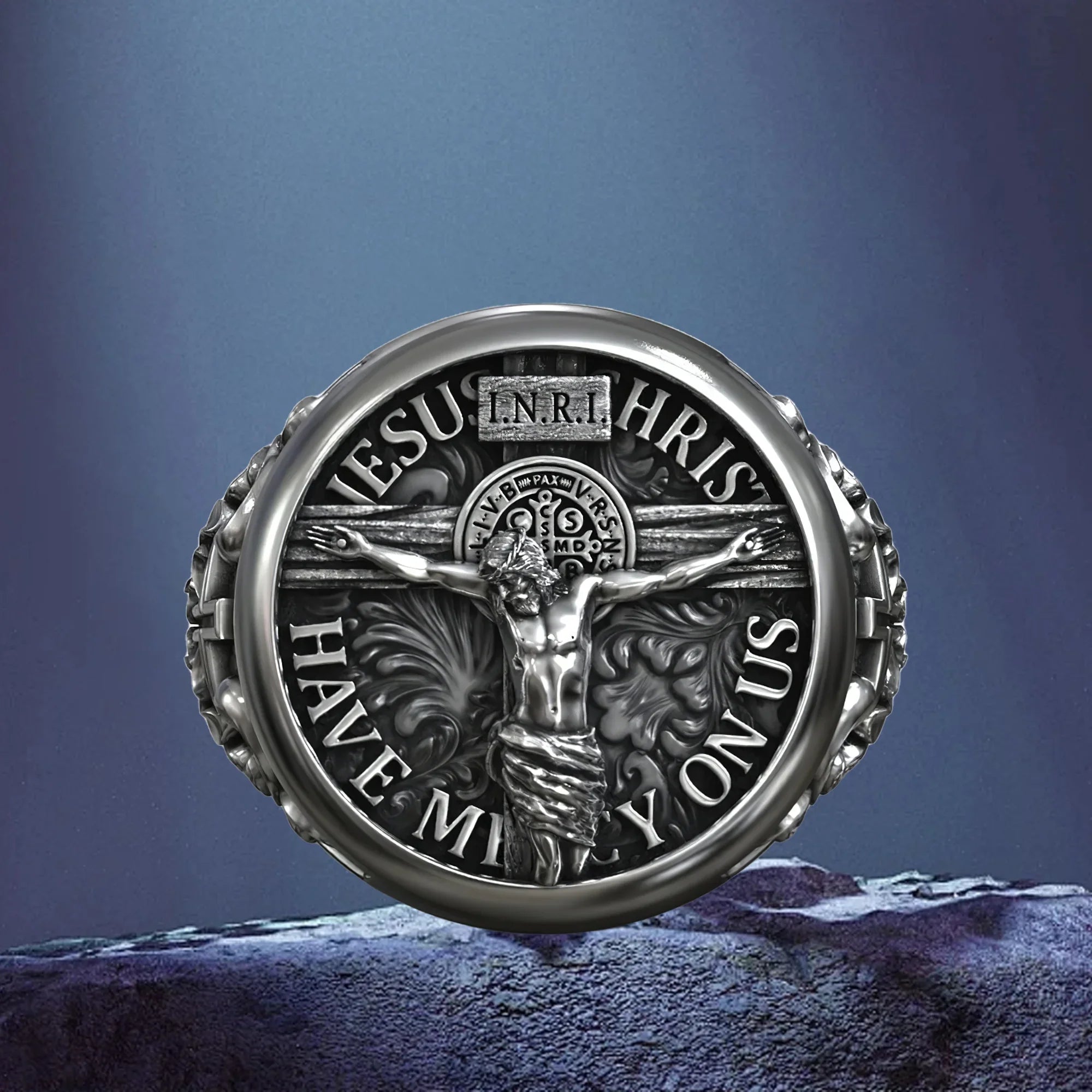 S925K Silver Jesus Crucifixion St. Benedict Medal Ring