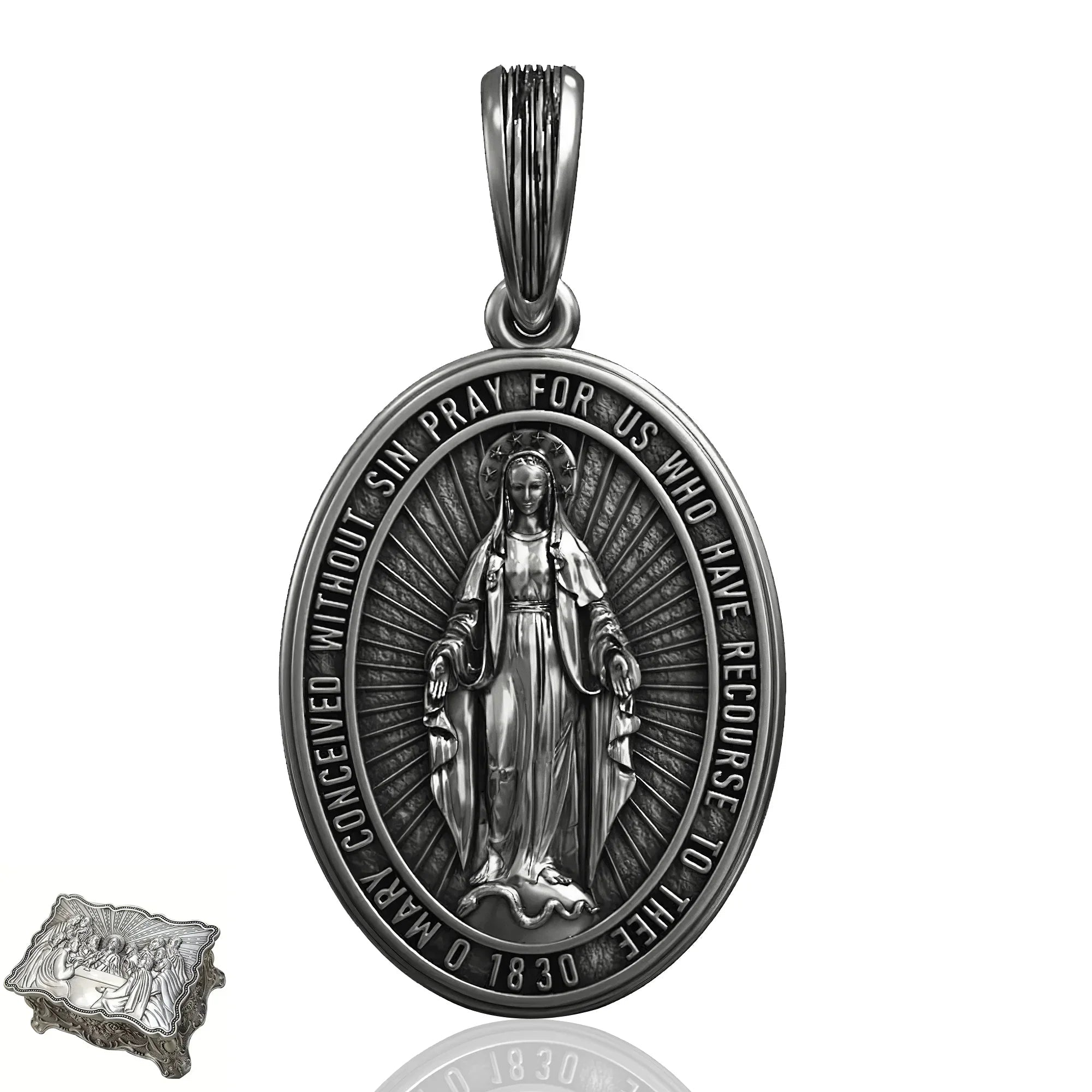 S925K Silver Miracle Medal English Version Inscription Necklace