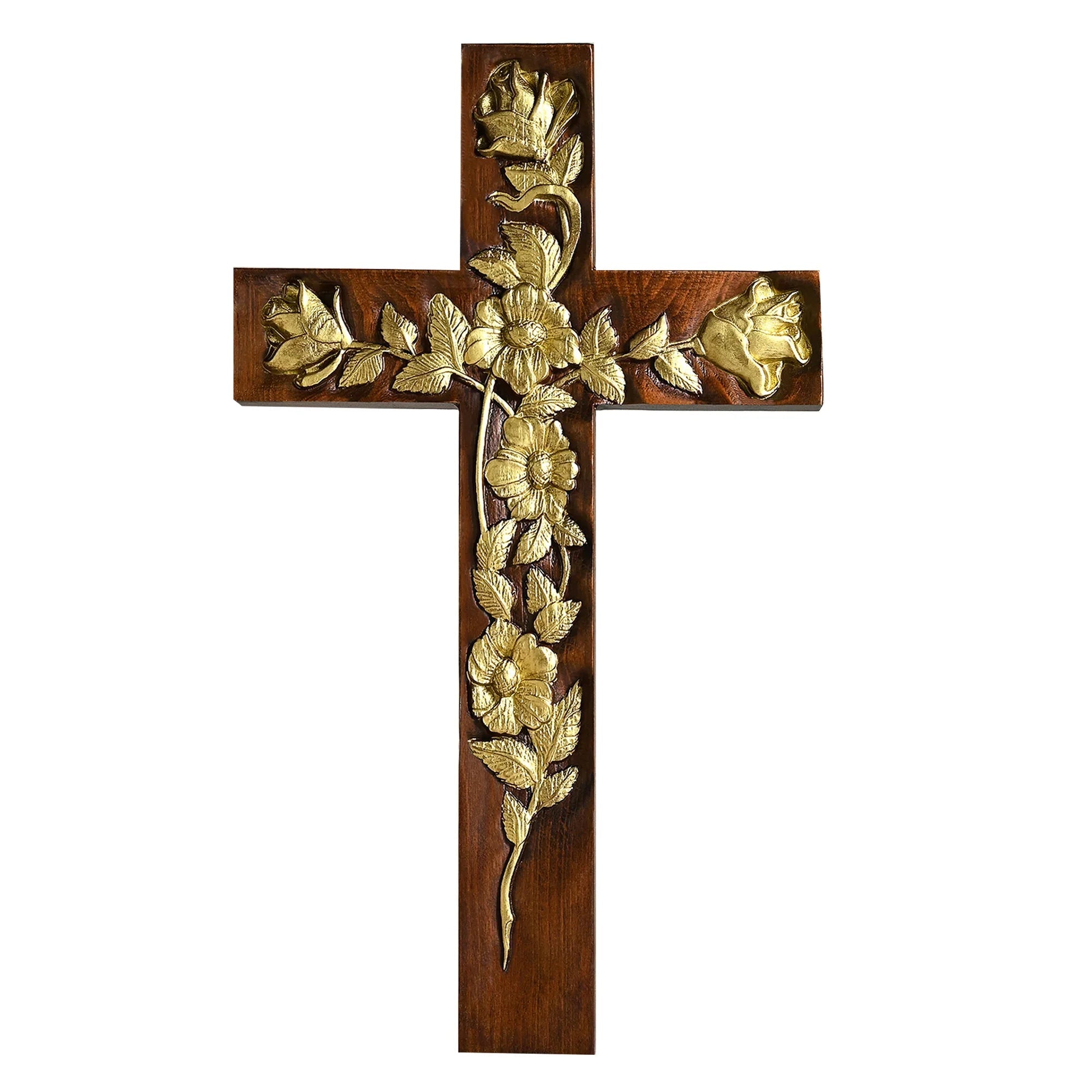 Hand-Carved Rose Cross Wall Art ✝️🌹 | Solid Beechwood Christian Decor with Golden Flowers