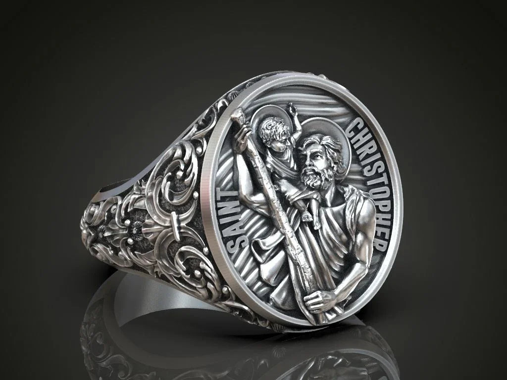 925K Sterling Silver St. Christopher and the Holy Child Jesus Sterling Silver Stamp Ring