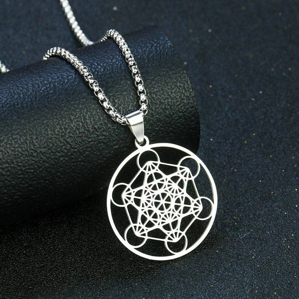 Stainless Steel Metatron's Cube Necklace Pendant Sacred Geometry Amulet Jewelry