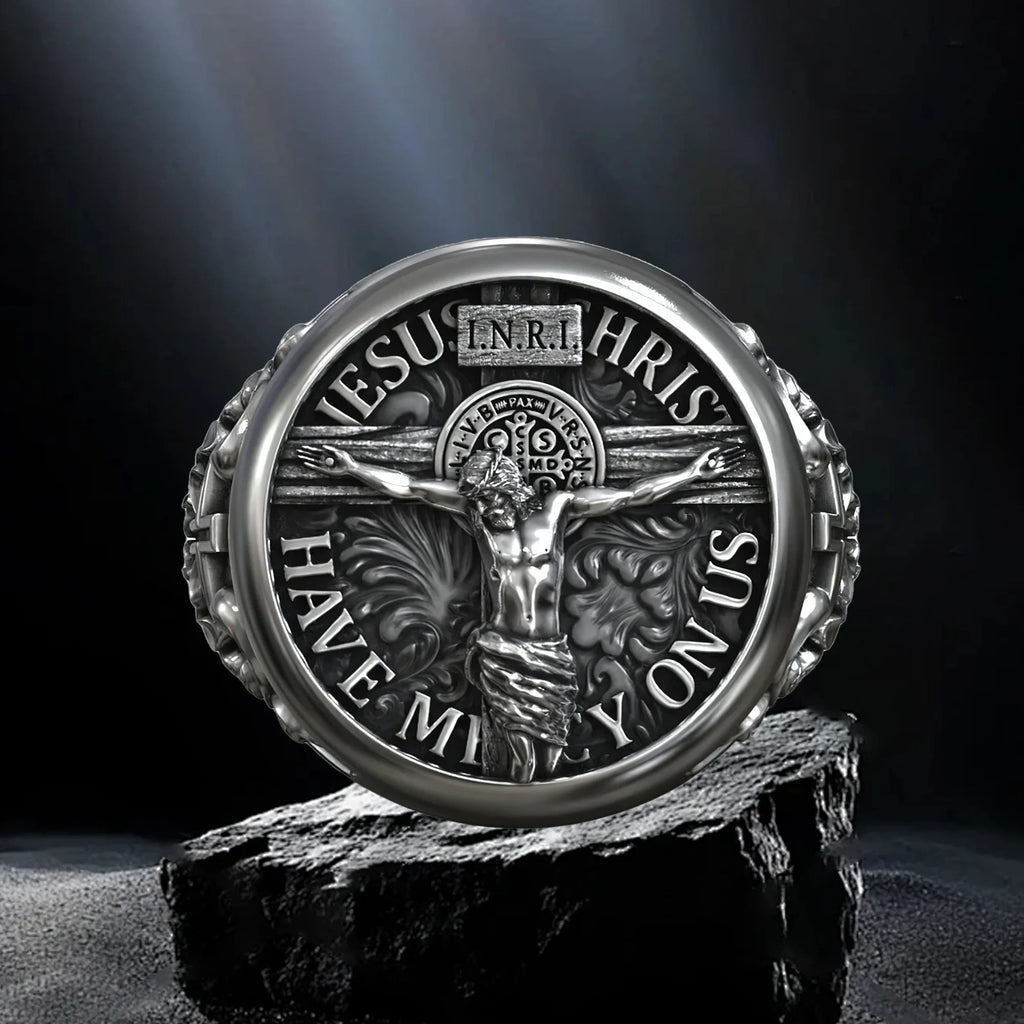 S925K Silver Jesus Crucifixion St. Benedict Medal Ring