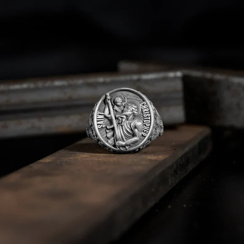 925K Sterling Silver St. Christopher and the Holy Child Jesus Sterling Silver Stamp Ring