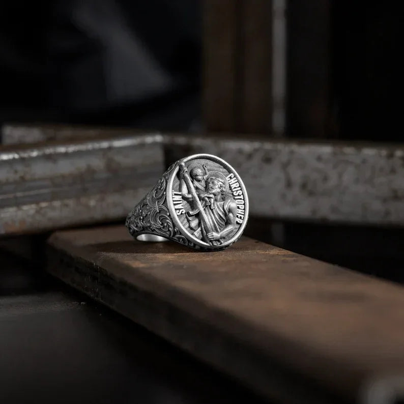 925K Sterling Silver St. Christopher and the Holy Child Jesus Sterling Silver Stamp Ring
