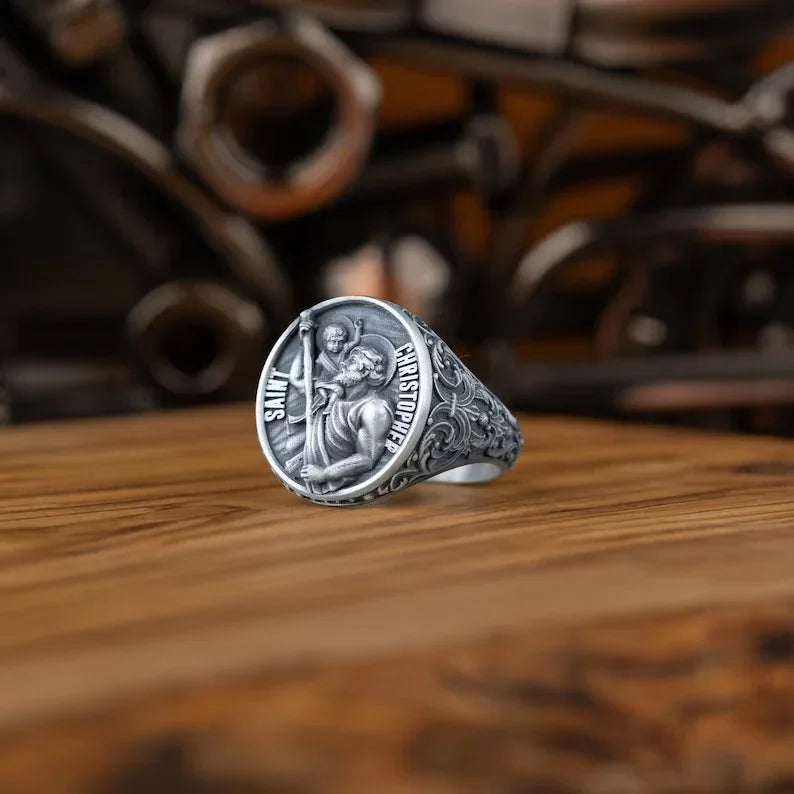 925K Sterling Silver St. Christopher and the Holy Child Jesus Sterling Silver Stamp Ring