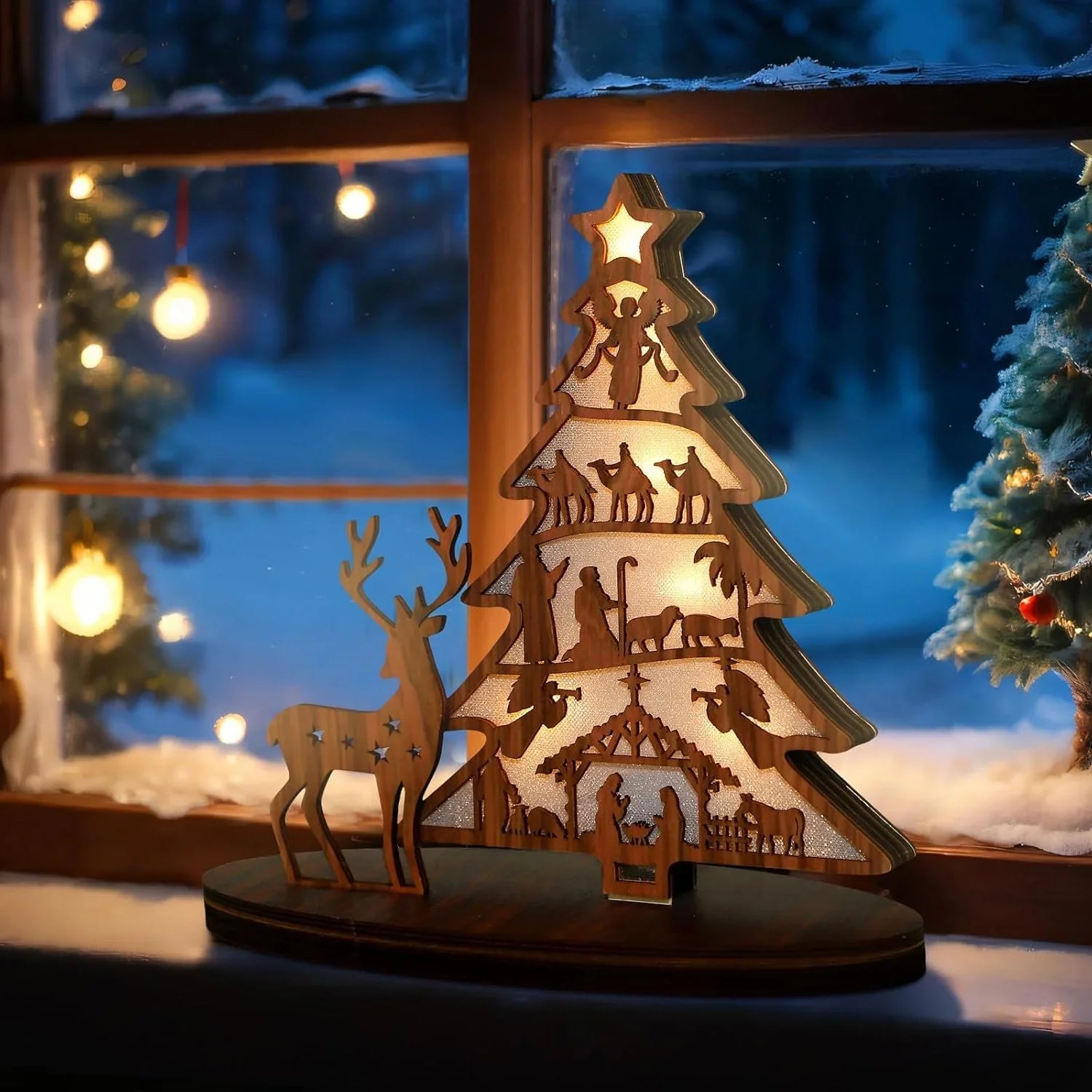 Illuminated Christmas Tree Nativity Scene Ornament with Reindeer