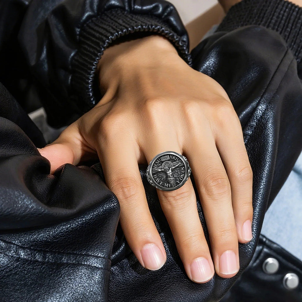 S925K Silver Jesus Crucifixion St. Benedict Medal Ring