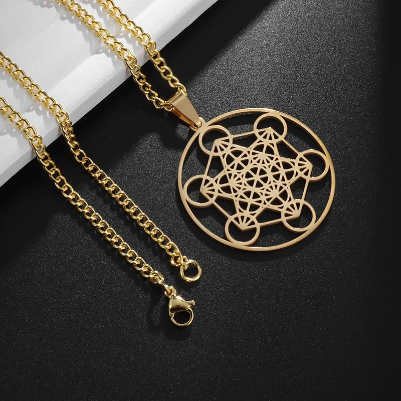 Stainless Steel Metatron's Cube Necklace Pendant Sacred Geometry Amulet Jewelry