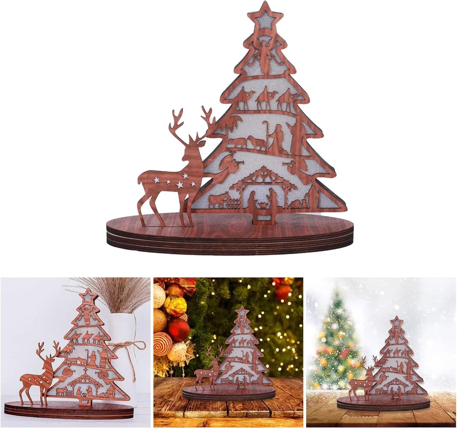 Illuminated Christmas Tree Nativity Scene Ornament with Reindeer